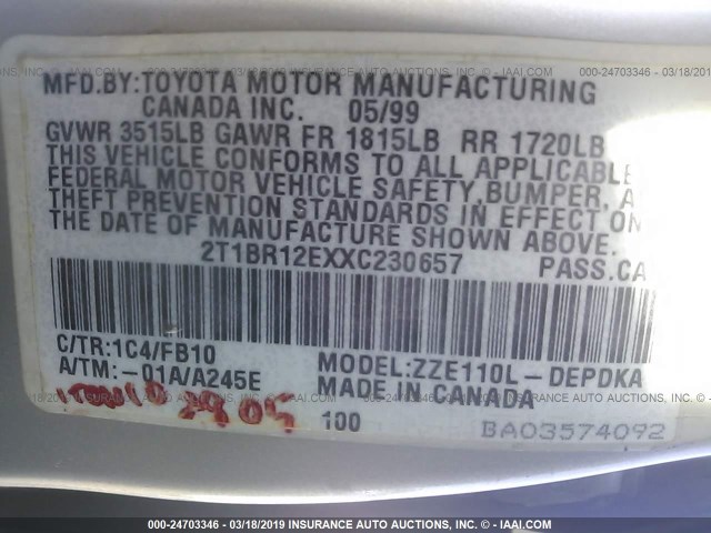 2T1BR12EXXC230657 - 1999 TOYOTA COROLLA VE/CE/LE GRAY photo 9