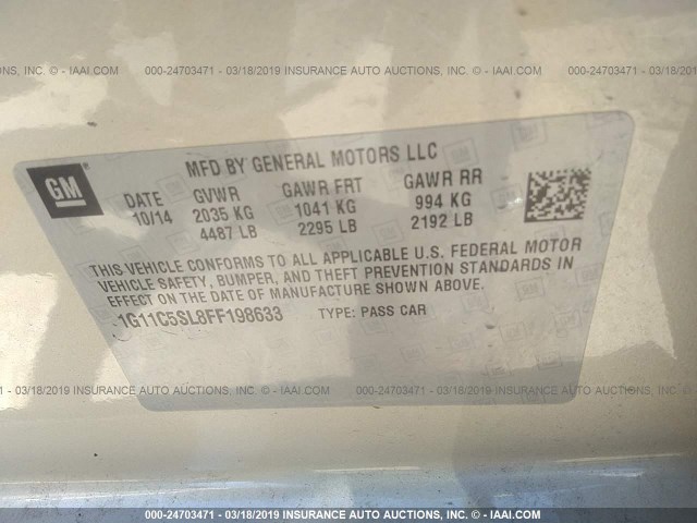 1G11C5SL8FF198633 - 2015 CHEVROLET MALIBU 1LT 金色 照片 9