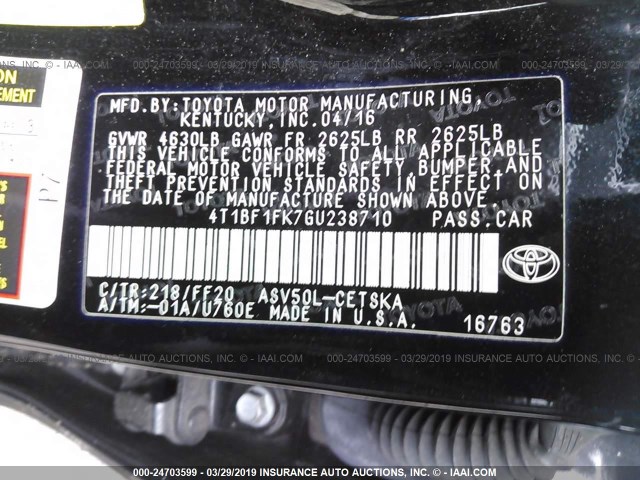 4T1BF1FK7GU238710 - 2016 TOYOTA CAMRY LE/XLE/SE/XSE 黑色 照片 9