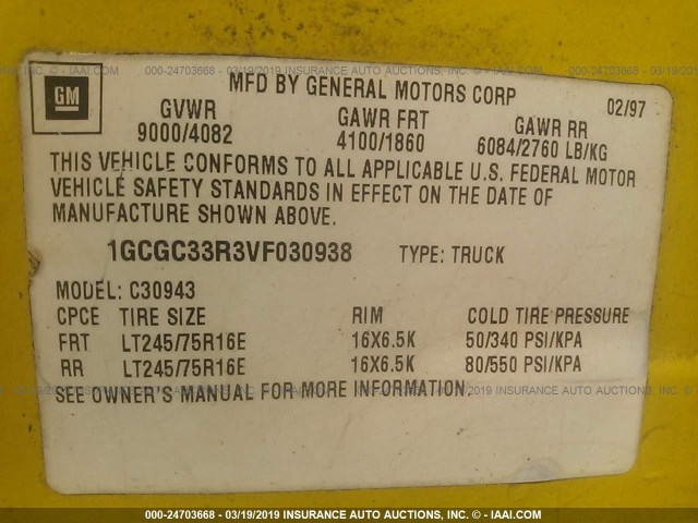 1GCGC33R3VF030938 - 1997 CHEVROLET GMT-400 C3500 YELLOW photo 9