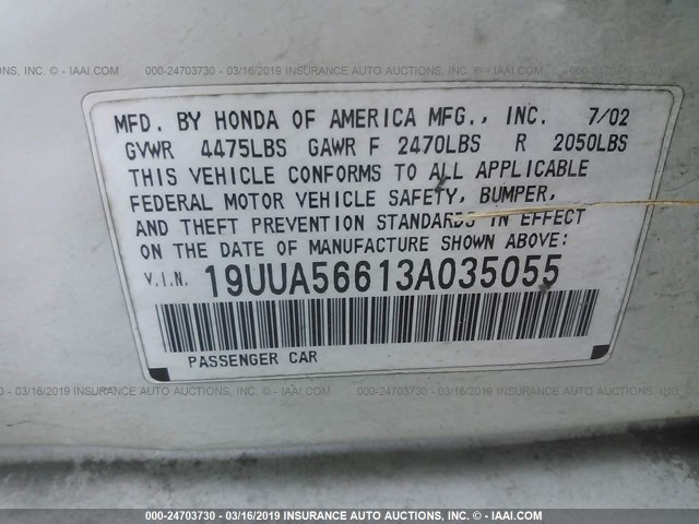 19UUA56613A035055 - 2003 ACURA 3.2TL WHITE photo 9