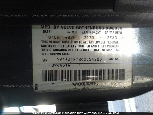 YV1SJ527862554200 - 2006 VOLVO V70 R GRAY photo 9