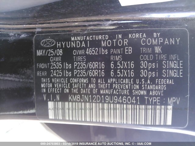 KM8JN12D19U946041 - 2009 HYUNDAI TUCSON SE/LIMITED BLACK photo 9