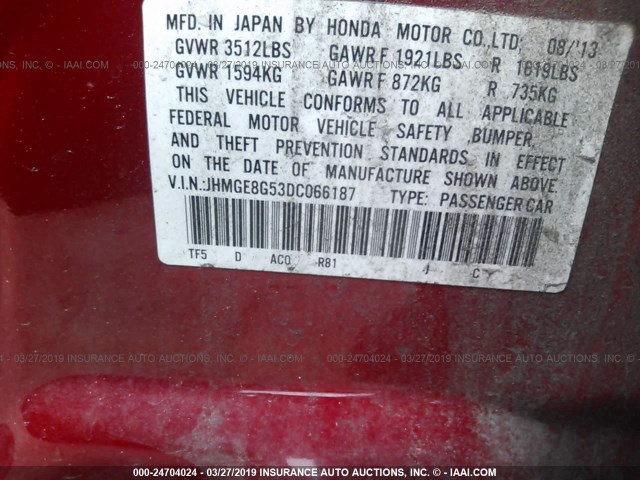 JHMGE8G53DC066187 - 2013 HONDA FIT SPORT RED photo 9