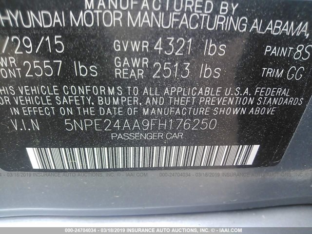 5NPE24AA9FH176250 - 2015 HYUNDAI SONATA ECO GRAY photo 9