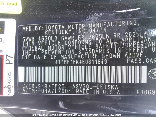 4T1BF1FK4EU811849 - 2014 TOYOTA CAMRY L/SE/LE/XLE 黑色 照片 9