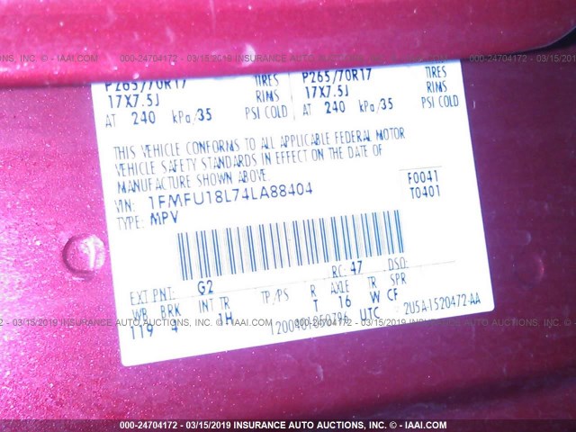 1FMFU18L74LA88404 - 2004 FORD EXPEDITION EDDIE BAUER RED photo 9