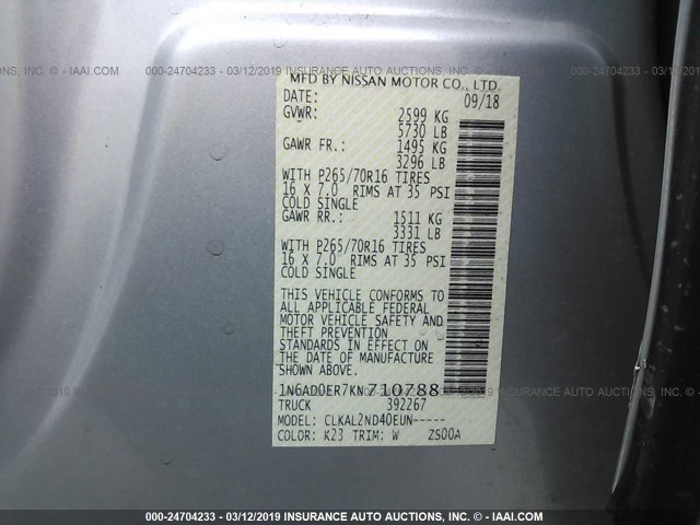 1N6AD0ER7KN710788 - 2019 NISSAN FRONTIER S/SV SILVER photo 9