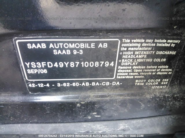 YS3FD49Y871008794 - 2007 SAAB 9-3 2.0T BLACK photo 9