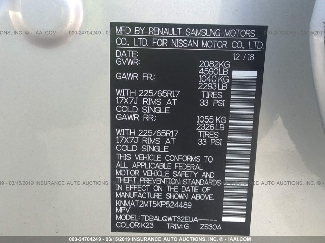 KNMAT2MT5KP524489 - 2019 NISSAN ROGUE SILVER photo 9