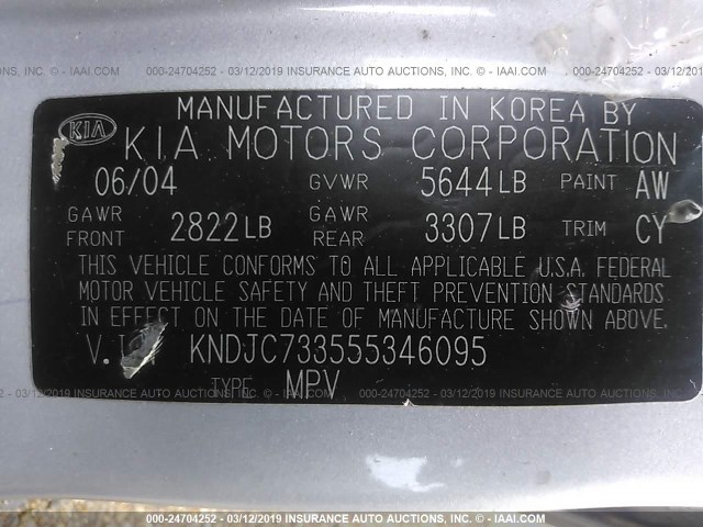 KNDJC733555346095 - 2005 KIA SORENTO EX/LX SILVER photo 9