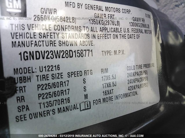 1GNDV23W28D158771 - 2008 CHEVROLET UPLANDER BLUE photo 9