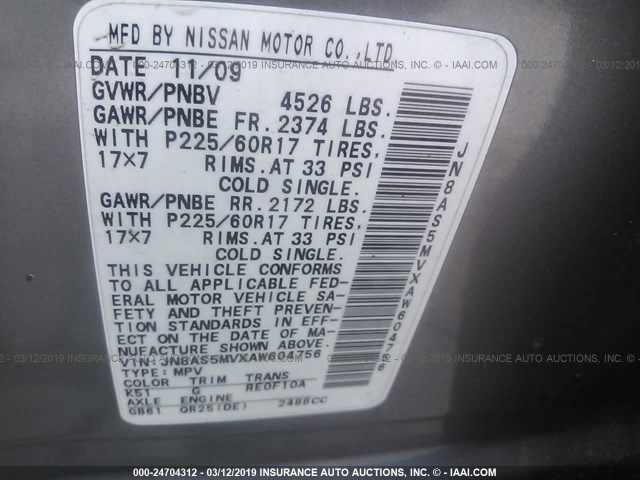 JN8AS5MVXAW604756 - 2010 NISSAN ROGUE S/SL/KROM GRAY photo 9