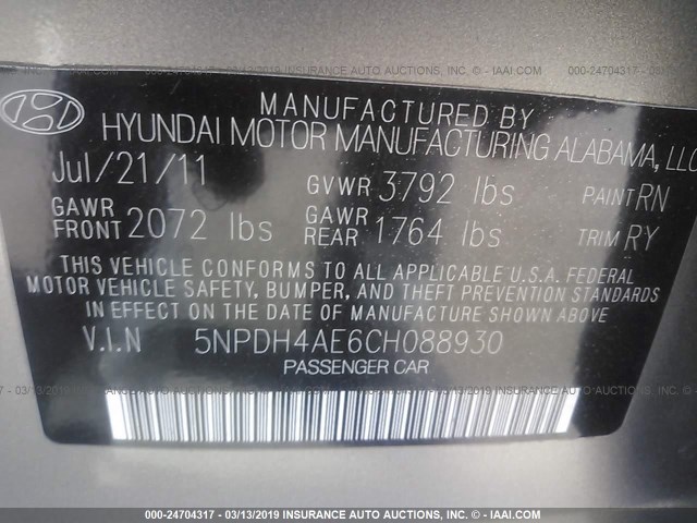 5NPDH4AE6CH088930 - 2012 HYUNDAI ELANTRA GLS/LIMITED GRAY photo 9