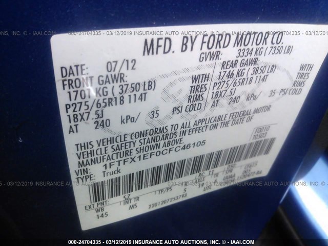 1FTFX1EF0CFC46105 - 2012 FORD F150 SUPER CAB BLUE photo 9