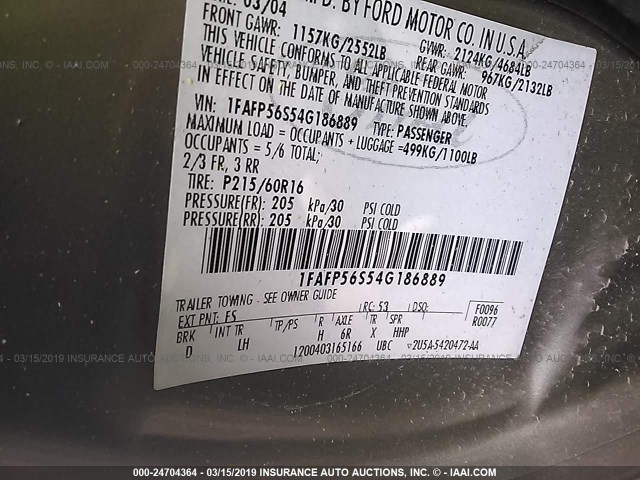 1FAFP56S54G186889 - 2004 FORD TAURUS SEL GRAY photo 9