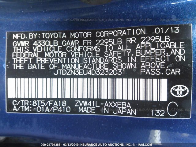 JTDZN3EU4D3232031 - 2013 TOYOTA PRIUS V BLUE photo 9