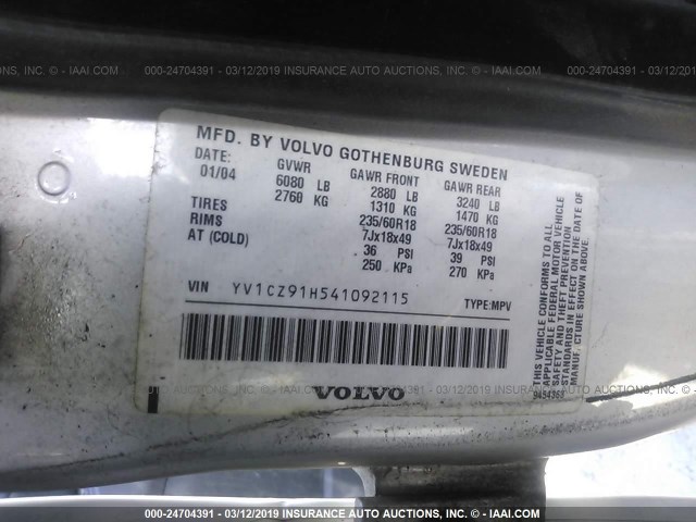 YV1CZ91H541092115 - 2004 VOLVO XC90 T6 SILVER photo 9