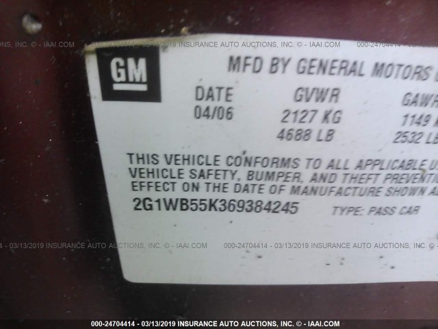 2G1WB55K369384245 - 2006 CHEVROLET IMPALA LS MAROON photo 9