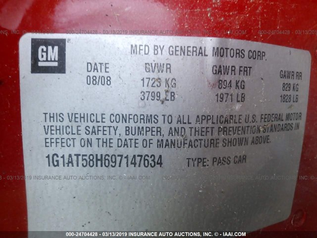 1G1AT58H697147634 - 2009 CHEVROLET COBALT LT RED photo 9