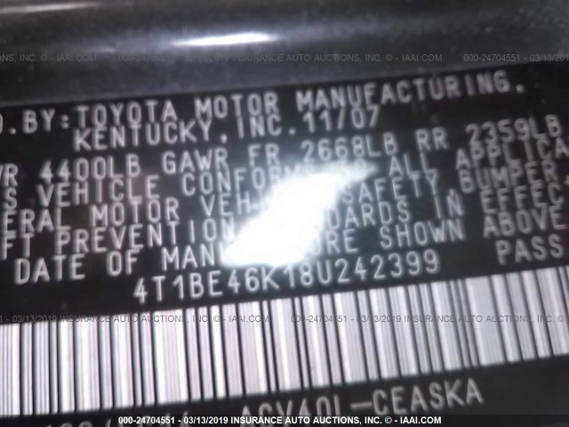 4T1BE46K18U242399 - 2008 TOYOTA CAMRY CE/LE/XLE/SE 蓝色 照片 9