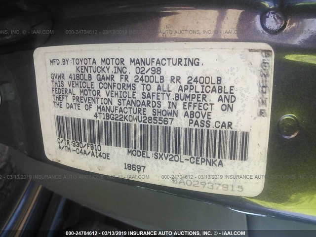 4T1BG22K0WU285567 - 1998 TOYOTA CAMRY CE/LE/XLE 灰色 照片 9