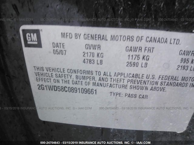 2G1WD58C089109661 - 2008 CHEVROLET IMPALA SUPER SPORT BLACK photo 9