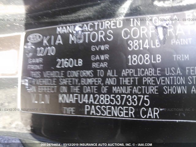 KNAFU4A28B5373375 - 2011 KIA FORTE EX BLACK photo 9