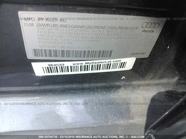 WAUAF78E26A155709 - 2006 AUDI A4 2/TURBO GRAY photo 9