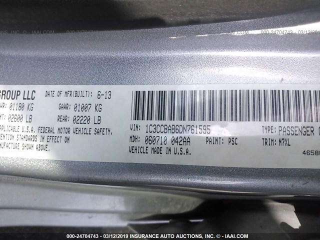 1C3CCBAB6DN761595 - 2013 CHRYSLER 200 LX SILVER photo 9