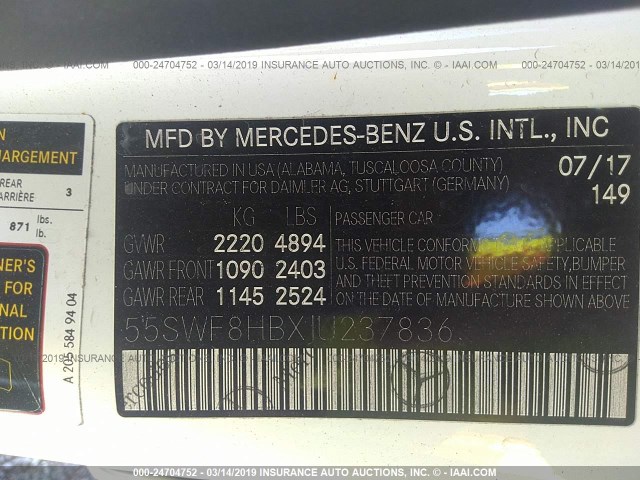 55SWF8HBXJU237836 - 2018 MERCEDES-BENZ C 63 AMG-S WHITE photo 9