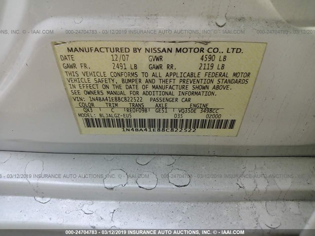 1N4BA41E88C822522 - 2008 NISSAN MAXIMA SE/SL WHITE photo 9