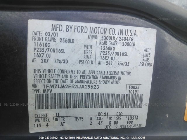 1FMZU62E52UA29623 - 2002 FORD EXPLORER XLS Dark Blue photo 9