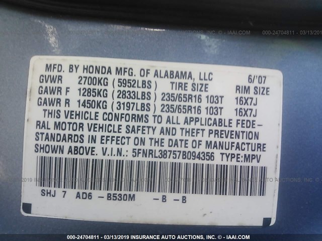 5FNRL38757B094356 - 2007 HONDA ODYSSEY EXL Light Blue photo 9