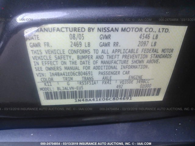 1N4BA41E06C804691 - 2006 NISSAN MAXIMA SE/SL GRAY photo 9