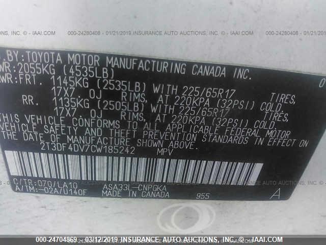 2T3DF4DV7CW185242 - 2012 TOYOTA RAV4 LIMITED WHITE photo 9