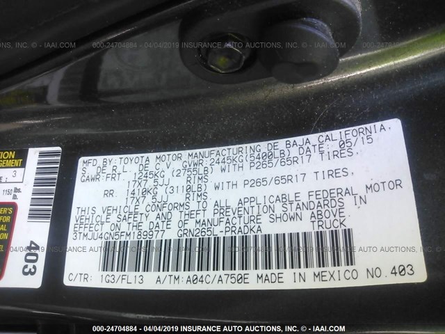 3TMJU4GN5FM189977 - 2015 TOYOTA TACOMA DOUBLE CAB PRERUNNER GRAY photo 9