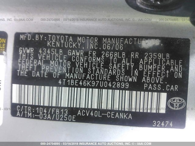 4T1BE46K97U042899 - 2007 TOYOTA CAMRY NEW GENERAT CE/LE/XLE/SE SILVER photo 9