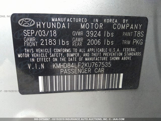 KMHD84LF2KU767535 - 2019 HYUNDAI ELANTRA SEL/VALUE/LIMITED SILVER photo 9