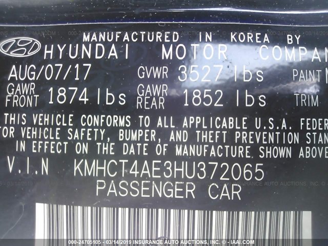 KMHCT4AE3HU372065 - 2017 HYUNDAI ACCENT SE BLACK photo 9