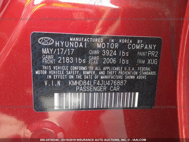 KMHD84LF4JU476887 - 2018 HYUNDAI ELANTRA SEL/VALUE/LIMITED RED photo 9