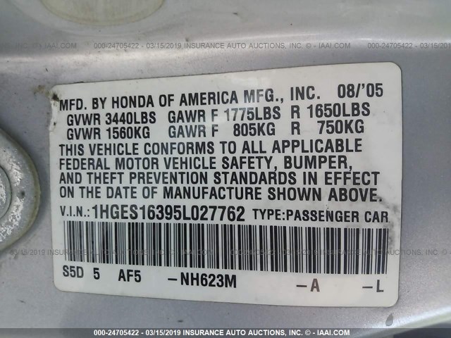 1HGES16395L027762 - 2005 HONDA CIVIC DX VP SILVER photo 9