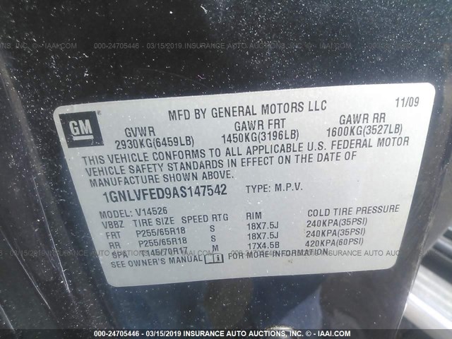 1GNLVFED9AS147542 - 2010 CHEVROLET TRAVERSE LT BLACK photo 9