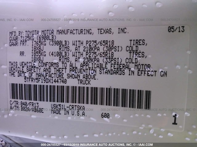 5TFRY5F19DX144740 - 2013 TOYOTA TUNDRA DOUBLE CAB SR5 WHITE photo 9