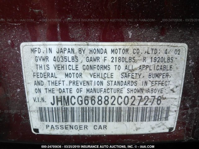 JHMCG66882C027276 - 2002 HONDA ACCORD EX/SE RED photo 9