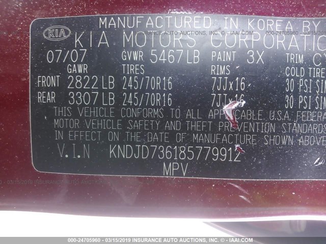 KNDJD736185779912 - 2008 KIA SORENTO EX/LX RED photo 9