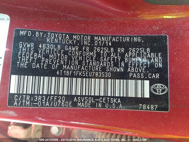 4T1BF1FK5EU783530 - 2014 TOYOTA CAMRY L/SE/LE/XLE RED photo 9