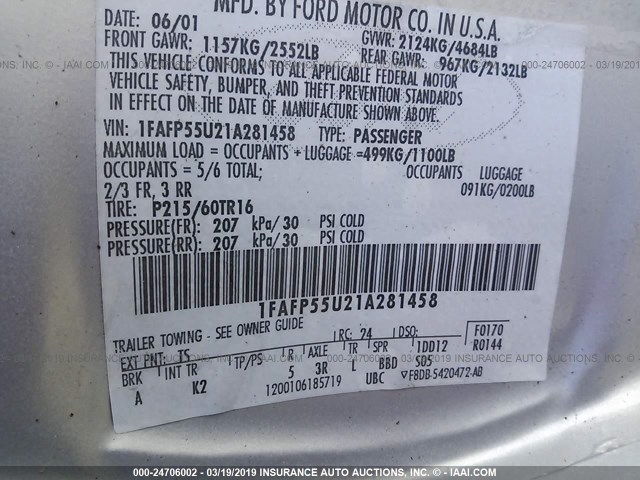 1FAFP55U21A281458 - 2001 FORD TAURUS SES SILVER photo 9