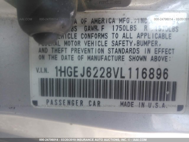 1HGEJ6228VL116896 - 1997 HONDA CIVIC DX SILVER photo 9