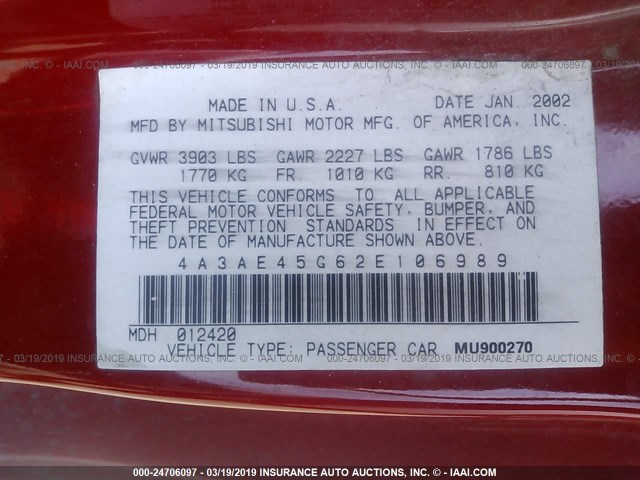 4A3AE45G62E106989 - 2002 MITSUBISHI ECLIPSE SPYDER GS RED photo 9